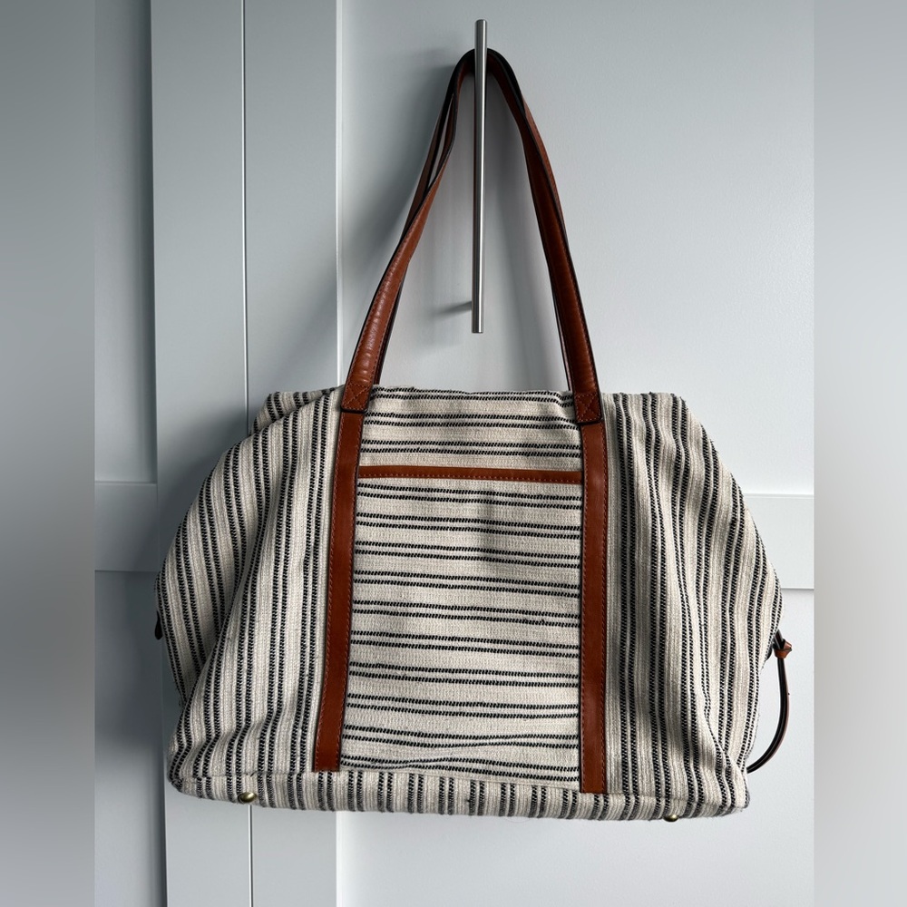 Street Level Striped Tote Bag with Brown Handles